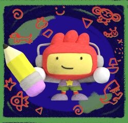  1boy ball_hands bemmpo blender_(medium) boat border caterpillar chibi chibi_only child's_drawing commentary dog earth_(planet) english_commentary green_border hat holding holding_pencil male_focus maxwell_(scribblenauts) monkey no_nose pencil planet rabbit red_socks rocket scribblenauts shoes shorts smile socks solo spiral star_(symbol) triangle watercraft 