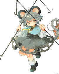  1girl absurdres animal_ears basket black_skirt black_vest canariadraw capelet commentary_request dowsing_rod dual_wielding full_body grey_capelet grey_hair highres holding holding_with_tail jewelry leg_up mouse_(animal) mouse_ears mouse_girl mouse_tail nazrin necklace pendant prehensile_tail red_eyes shirt simple_background skirt socks solo tail touhou vest white_background white_shirt white_socks 