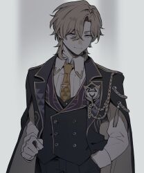  1boy aiguillette aventurine_(honkai:_star_rail) aventurine_(stoneheart's_oath_ring)_(honkai:_star_rail) between_fingers black_jacket black_pants black_vest blonde_hair blue_eyes buttons clenched_hand closed_mouth collared_shirt commentary_request cowboy_shot crossed_bangs earrings emblem empty_eyes glowing glowing_eyes hair_between_eyes halo_downfall hand_in_pocket highres holding holding_poker_chip honkai:_star_rail honkai_(series) jacket jewelry lapels long_sleeves looking_at_viewer male_focus multicolored_eyes neck_tattoo necktie official_alternate_costume open_clothes open_jacket pants poker_chip purple_jacket shirt short_hair simple_background single_earring smile solo standing tassel tattoo tie_clip two-sided_fabric two-sided_jacket vest violet_eyes white_background white_shirt yellow_necktie 