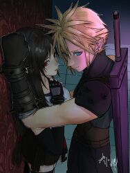  1boy 1girl absurdres armor black_gloves black_hair black_skirt black_thighhighs blonde_hair blue_eyes breasts buster_sword closed_mouth cloud_strife commentary_request cowboy_shot crop_top dated earrings eva02asuka0608 eyelashes final_fantasy final_fantasy_vii final_fantasy_vii_remake fingerless_gloves from_side gloves height_difference hetero highres jewelry kabedon large_breasts lips long_hair looking_to_the_side miniskirt parted_lips pink_lips red_eyes short_hair shoulder_armor signature skirt sleeveless sleeveless_turtleneck spiky_hair standing stud_earrings sweater swept_bangs sword sword_on_back tank_top thigh-highs tifa_lockhart tile_floor tiles turtleneck turtleneck_sweater weapon weapon_on_back white_tank_top zettai_ryouiki 
