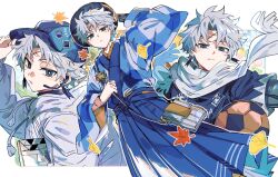 adjusting_clothes adjusting_headwear bag ball baseball_cap black_hat blue_eyes blue_hakama blue_kimono border clapperboard commentary earrings fate/grand_order fate_(series) gingham_clothes ginkgo_leaf hakama hat highres hood hooded_jacket jacket japanese_clothes jewelry kimono leaf long_sleeves maple_leaf multiple_persona official_art outside_border print_kimono prosthesis prosthetic_arm scar scar_on_face scar_on_forehead scarf shirt short_sleeves soccer_ball soccer_uniform sportswear toramaru_(696anna) toudou_heisuke_(academy_outfit)_(fate) toudou_heisuke_(fate) toudou_heisuke_(satellite_station_26)_(fate) turtleneck turtleneck_shirt white_border white_hair white_jacket white_scarf 