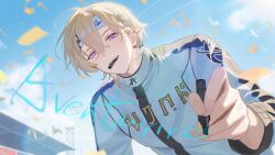  1boy absurdres aventurine_(honkai:_star_rail) blonde_hair character_name confetti drawing_on_fourth_wall ear_piercing earrings goyo_(goyobluu) hair_between_eyes headband highres holding holding_marker honkai:_star_rail honkai_(series) jewelry leaning_forward left-handed long_sleeves looking_at_viewer male_focus marker mouth_hold neck_tattoo official_alternate_costume outdoors piercing pink_eyes ponytail racetrack racing_suit short_hair short_ponytail single_earring solo tattoo upper_body white_headband 