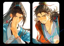 2boys all_wishes_come_true! arm_wrap black_hair blue_hanfu blue_trim blush brown_eyes brown_hair chinese_clothes coat collarbone english_commentary facial_hair fang finger_to_mouth grin hair_bun hair_ornament hair_ribbon half_updo hanfu high_ponytail index_finger_raised jewelry leaf_hair_ornament long_hair long_sleeves looking_at_viewer lv_dongbin_(all_wishes_come_true!) male_focus multiple_boys mustache_stubble necklace ny_sanguo open_clothes open_coat pectoral_cleavage pectorals ponytail red_coat red_ribbon ribbon sample_watermark seal_impression shushing sidelocks simple_background single_hair_bun smile stubble upper_body watermark white_background white_hanfu zhongli_quan_(all_wishes_come_true!) 