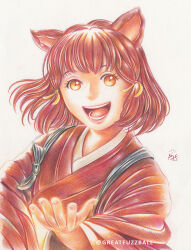  1girl :d animal_ears artist_name brown_hair colored_pencil_(medium) greatfuzzball hand_up japanese_clothes kakuriyo_no_yadomeshi kasuga_(kakuriyo_no_yadomeshi) kimono orange_eyes red_kimono short_hair smile solo tasuki traditional_media upper_body white_background 