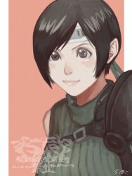  1girl 5tatsu armor artist_name black_hair border chest_strap closed_mouth commentary_request final_fantasy final_fantasy_vii green_shirt grey_eyes headband highres pauldrons pink_background ribbed_shirt shirt short_hair shoulder_armor single_bare_shoulder single_pauldron sketch sleeveless sleeveless_turtleneck solo turtleneck upper_body white_border yuffie_kisaragi 