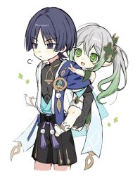  1boy 1girl anklet arm_at_side armlet armor black_bodysuit black_bow black_eyes black_hair black_shorts bloomers blue_gem blue_kimono blue_sleeves blunt_ends bodysuit bow bridal_gauntlets cape carrying closed_mouth colored_tips covered_collarbone cropped_legs cross-shaped_pupils detached_sleeves dress feathers furisode gem genshin_impact gold_anklet gold_armlet gold_ring gold_trim green_eyes green_hair green_sleeves grey_bridal_gauntlets hakama hakama_shorts hand_on_another's_shoulder highres index_finger_raised japanese_armor japanese_clothes jewelry juban kimono kote layered_sleeves long_hair looking_to_the_side mandarin_collar middle_ring multicolored_hair nahida_(genshin_impact) open_clothes open_kimono open_mouth outstretched_arm parted_bangs piggyback pleated_shorts pointing pointing_to_the_side pointy_ears pom_pom_(clothes) puff_of_air purple_cape purple_sash sash scaramouche_(genshin_impact) short_dress short_sleeves shorts side_cape side_ponytail sidelocks socks stirrup_footwear symbol-shaped_pupils tareme tassel tsurime vision_(genshin_impact) wanderer_(genshin_impact) white_background white_bloomers white_dress white_hair white_kimono white_sleeves white_socks wispy_bangs wolf_cut yellow_feathers yellow_pupils yoyuyu_0 