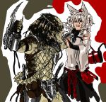  1girl alien armor claws dagger detached_sleeves dress gauntlets hairlocs hat inubashiri_momiji muscle nameo_(judgemasterkou) open_mouth predator predator_(film) short_hair touhou weapon whip white_hair 