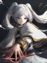  1girl black_hole commentary dress elf frieren green_eyes highres long_hair mage_staff parted_bangs pointy_ears serious solo sousou_no_frieren staff twintails upper_body webireii white_dress white_hair 