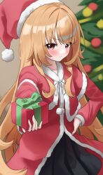  1girl absurdres aisaka_taiga blush brown_eyes brown_hair capelet christmas_tree collarbone commentary_request danuya_(danuya030) fur-trimmed_capelet fur-trimmed_headwear fur_trim hand_on_own_hip hat highres holding long_sleeves santa_costume santa_hat solo toradora! 