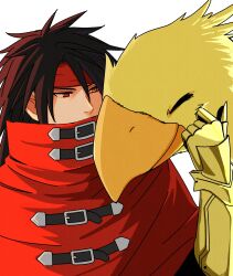  1boy belt_buckle bird black_hair buckle chocobo cloak covered_mouth final_fantasy final_fantasy_vii final_fantasy_vii_rebirth final_fantasy_vii_remake gauntlets hair_between_eyes headband highres long_hair looking_at_another male_focus red_cloak red_eyes red_headband s_m_man single_gauntlet spiky_hair upper_body vincent_valentine white_background 