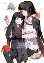  2girls absurdres araya_(project_moon) backpack bag enioreh highres limbus_company long_hair mother_and_child mother_and_daughter multiple_girls parent_and_child playing project_moon randoseru ryoshu_(project_moon) short_hair sitting sitting_on_lap sitting_on_person string 