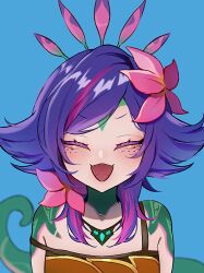 1girl asahima36 bare_shoulders blue_background camisole chameleon_girl chameleon_tail closed_eyes colored_skin eyelashes fangs flower hair_flower hair_ornament happy highres laughing league_of_legends lizard_tail medium_hair multicolored_hair neeko_(league) open_mouth pink_flower pink_streaks portrait purple_hair shiny_skin smile solo straight-on streaked_hair suspenders suspenders_slip tail 