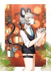  1girl absurdres alternate_costume alternate_hairstyle animal_ears bar_(place) bartender basket black_bow black_shorts black_vest blue_necktie bottle bow closed_mouth cocktail_shaker collared_shirt commentary commission english_commentary grey_hair hair_bow highres holding holding_cocktail_shaker holding_with_tail mouse_(animal) mouse_ears mouse_girl mouse_tail nazrin necktie plant ponytail prehensile_tail red_eyes second-party_source shirt short_ponytail shorts skeb_commission smile solo tail thigh_strap toraneko_2 touhou vest white_shirt 