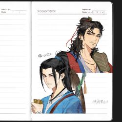  2boys all_wishes_come_true! black_hair blue_hanfu blue_trim brown_eyes chinese_clothes closed_mouth coat collarbone commentary_request cup facial_hair faux_traditional_media hair_bun hair_ornament half_updo hand_fan hanfu hat hat_on_back high_ponytail highres holding holding_cup holding_fan jewelry leaf_fan leaf_hair_ornament long_hair long_sleeves looking_at_viewer lucis0407 lv_dongbin_(all_wishes_come_true!) male_focus multiple_boys multiple_views mustache_stubble necklace open_clothes open_coat pectoral_cleavage pectorals ponytail red_coat robe sample_watermark shoulder_strap sidelocks single_hair_bun smile straw_hat stubble sword sword_on_back sword_tassel tassel twitter_username unworn_hat unworn_headwear upper_body watermark weapon weapon_on_back weapon_tassel white_background white_hanfu zhongli_quan_(all_wishes_come_true!) 