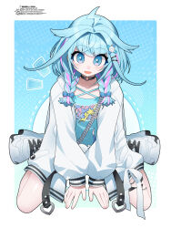  1girl :d ahoge blue_background blue_eyes blue_hair border bow braid choker clothes_writing commentary_request full_body hair_flaps hair_ornament highres hololive kneeling lightning_ahoge long_sleeves low_twin_braids medium_hair mizumiya_su multicolored_hair o-ring o-ring_choker open_mouth pink_streaks side_braids signature smile solo streaked_hair twin_braids umigarasu_(kitsune1963) virtual_youtuber white_border white_bow 