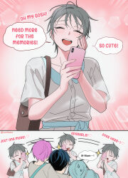  2girls 3boys alien_stage bag black_hair brown_bag cellphone closed_eyes dress english_commentary english_text grey-haired_girl_(alien_stage) grey_hair highres holding holding_phone io_(alien_stage) ivan_(alien_stage) long_hair lucidkana multiple_boys multiple_girls phone pink-haired_child_(alien_stage) pink_hair short_hair smartphone smile taking_picture till_(alien_stage) very_short_hair 