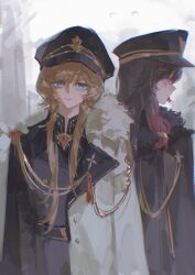  2girls absurdres aiguillette alternate_costume black_hair black_jacket blue_eyes brown_hair chinese_commentary closed_mouth coat coat_on_shoulders columbina_(genshin_impact) commentary_request epaulettes genshin_impact grey_background hair_between_eyes hat highres jacket long_hair looking_at_viewer military_hat military_uniform multicolored_hair multiple_girls peaked_cap profile sandrone_(genshin_impact) upper_body white_coat yyeeeeee 