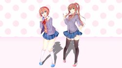  2girls :d black_socks blazer blue_eyes blue_skirt brown_hair buttons collared_shirt concept_art doki_doki_literature_club doki_doki_literature_club_plus doki_doki_literature_club_school_uniform green_eyes grey_blazer grey_jacket ground high_ponytail highres kagefumi kneehighs knees_together_feet_apart light_brown_hair long_hair long_sleeves monika_(doki_doki_literature_club) non-web_source open_jacket orange_shirt pink_hair polka_dot_background ponytail reaching_towards_viewer red_bow red_ribbon sayori_(doki_doki_literature_club) school_uniform shadow short_hair short_skirt sweater thigh-highs wallpaper white_bow white_socks 