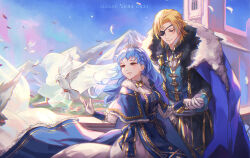  1boy 1girl alternate_costume bird blonde_hair blue_eyes blue_hair brown_eyes couple dimitri_alexandre_blaiddyd dove eyepatch fire_emblem fire_emblem:_three_houses hetero highres holding_hands luna_chai marianne_von_edmund wedding 