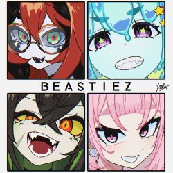  4girls absurdres aqua_hair aqua_skin beastiez beri_(beribug) black_hair black_tongue colored_sclera colored_skin crocodile_girl crossed_bangs earrings fangs flower_earrings glasses green_eyes green_pupils grey_sclera grey_skin grin hair_between_eyes hair_ornament highres jewelry kairyu_crocodile ladybug_girl long_hair looking_at_viewer monster_girl multicolored_hair multiple_girls open_mouth piapi_ufo piapi_ufo_(tomboy) pink_eyes pink_hair red_eyes red_hair round_eyewear slime_girl smile star-shaped_pupils star_(symbol) star_hair_ornament symbol-shaped_pupils tori_oriane virtual_youtuber xarakura_xara yellow_sclera 