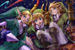  blue_eyes claws earrings gloves hat hook jewelry kiri_tampo link multiple_persona nintendo ocarina_of_time pointy_ears skyward_sword smile the_legend_of_zelda twilight_princess weapon whip 