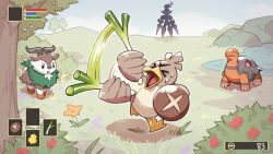  >_< 7dango7 :o absurdres afterimage berry_(pokemon) blue_sky bush ceruledge claws closed_eyes clouds commentary day farfetch'd flower gameplay_mechanics grass highres holding holding_shield holding_weapon looking_at_another motion_lines mushroom no_humans open_mouth outdoors pokemon pokemon_(creature) pokemon_focus pond red_flower rock shield sitrus_berry skiddo sky spring_onion sweatdrop swinging_weapon torkoal tree untranslatable_commentary water weapon yellow_flower 