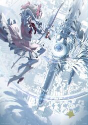  1girl absurdres aiming aircraft airplane arrow_(projectile) artist_name blonde_hair bomber boots bow bow_(weapon) bowtie city clouds commentary_request creature eyeball feathered_wings frilled_skirt frills gloves hair_bow halo high_heel_boots high_heels high_up highres holding holding_bow_(weapon) holding_weapon kanieda_minato magical_girl military_vehicle monster pantyhose pink_shirt pink_skirt propeller red_bow red_bowtie resurgum_(swav) shirt short_hair skirt swav tu-95 weapon white_boots white_gloves white_pantyhose wings 