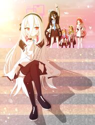  >_< 5girls :d \||/ absurdres animal_ear_headphones animal_ears aqua_halo aris_(blue_archive) arm_on_thigh arm_up black_bow black_hair black_hairband black_shoes black_skirt black_thighhighs blue_archive blue_eyes blue_jacket blue_necktie blue_pupils blush bow bug butterfly cat_ear_headphones cat_ears cat_tail closed_eyes closed_mouth collared_shirt commentary_request crossed_legs curled_fingers dot_nose double-parted_bangs elbow_on_arm elbow_rest facing_viewer fake_animal_ears fake_tail full_body game_development_department_(blue_archive) green_eyes green_hair green_halo green_jacket hair_between_eyes hair_bow hair_flowing_over hairband halo hands_on_own_knees hands_up head_on_hand head_rest headphones highres hood hood_down hooded_jacket jacket jacket_partially_removed kei_(blue_archive) kei_(student)_(blue_archive) kochou_desu_ka? light_frown long_hair long_hair_between_eyes long_sleeves looking_ahead looking_at_another looking_to_the_side loosely_tucked_bangs medium_hair midori_(blue_archive) miniskirt momoi_(blue_archive) multi-source_commentary multiple_girls necktie no_nose off_shoulder on_stairs open_clothes open_hand open_jacket open_mouth orange_eyes orange_pupils outdoors pink_halo pink_jacket pointing pointing_at_another raised_inner_eyebrows rectangular_halo rectangular_mouth red_hair ringed_eyes shirt shirt_tucked_in shoes sideways_glance sitting sitting_on_stairs skirt smile stairs standing sunset sweatdrop tail thigh-highs two-sided_fabric two-sided_jacket very_long_hair violet_eyes white_butterfly white_hair white_jacket white_shirt yellow_halo yuzu_(blue_archive) zettai_ryouiki 