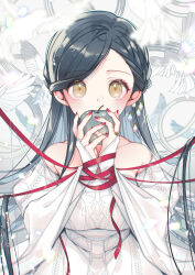  1girl apple bird black_hair blurry blurry_foreground bound bound_wrists braid bridal_gauntlets clothing_cutout commentary_request covered_mouth dress food fruit hair_ornament holding holding_food holding_fruit honzuki_no_gekokujou jewelry keiko_(x_h2o) long_hair long_sleeves looking_at_viewer myne_(honzuki_no_gekokujou) partial_commentary partially_colored red_nails ribbon ring sash shoulder_cutout solo standing very_long_hair white_dress white_sash wide_sleeves yellow_eyes 