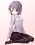  1girl black_legwear blue_eyes breasts gradient gradient_background lace-trimmed_shirt lace-trimmed_skirt original pantyhose pleated_skirt purple_hair short_hair sitting skirt sleeves_past_wrists solo wariza zizi_(zz22) 