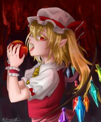  1girl apple ascot blonde_hair bow collared_shirt commentary_request crystal crystal_wings fangs flandre_scarlet food frilled_shirt_collar frilled_wrist_cuffs frills from_side fruit hat hat_ribbon highres holding holding_food holding_fruit long_hair mob_cap multicolored_wings one_side_up open_mouth pointy_ears puffy_short_sleeves puffy_sleeves red_bow red_eyes red_vest red_wrist_cuffs ribbon senri39 shirt short_sleeves sleeve_bow solo touhou twitter_username vest white_hat white_shirt wings wrist_cuffs yellow_ascot 