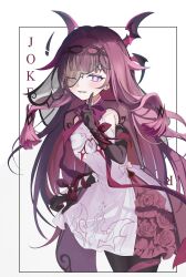  1girl absurdres bat_wings black_gloves black_pantyhose black_veil black_wings breasts card columbina_(big_bad_vampire)_(genshin_impact) columbina_(genshin_impact) commentary cowboy_shot daon_(93111_ys) dress elbow_gloves genshin_impact gloves hair_intakes head_wings highres holding_own_dress index_finger_raised joker_(playing_card) leaning_forward long_hair looking_at_viewer official_alternate_costume one_eye_closed pantyhose parted_lips pink_hair playing_card see-through_clothes see-through_veil simple_background small_breasts solo untranslatable_commentary vampire veil very_long_hair violet_eyes white_background white_dress wings 
