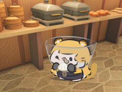  1girl animal_ear_fluff animal_ears blonde_hair buffet chibi chibi_only colored_inner_hair commentary dumpling food gloves highres jacket ju_fufu long_hair multicolored_hair open_mouth pet_cone shirt solo striped_fur striped_hair superappleman tail tiger_ears tiger_girl tiger_stripes tiger_tail tongue tongue_out untranslatable_commentary white_hair yellow_jacket zenless_zone_zero 