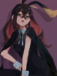  1girl :o alternate_costume animal_ear_hairband animal_ears black_hair black_necktie black_pants black_vest breasts carmine_(pokemon) collared_shirt commentary_request crossed_bangs fake_animal_ears hair_between_eyes hairband highres jacket jacket_on_shoulders long_hair looking_at_viewer multicolored_hair necktie open_mouth pants pokemon pokemon_scarlet_and_violet purple_background rabbit_ear_hairband rabbit_ears red_hair sakana_625 shirt small_breasts solo twitter_username two-tone_hair vest wrist_cuffs yellow_eyes 