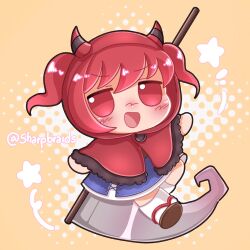  1girl blush brown_shoes chibi commentary demon_costume english_commentary full_body highres looking_at_viewer onozuka_komachi open_mouth orange_background photo-referenced red_eyes roblox scythe sharpbraids shoes solo star_(symbol) touhou twitter_username two_side_up variant_set 