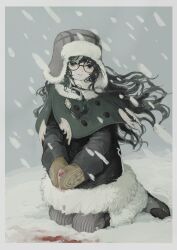  1girl black-framed_eyewear black_eyes black_hair blood blood_on_ground boots border brown_mittens buttons canariadraw capelet closed_mouth commentary_request commission double-breasted floating_hair footprints full_body fur-trimmed_boots fur-trimmed_capelet fur_hat fur_trim glasses hair_between_eyes hat highres kneeling long_hair long_sleeves looking_at_viewer mittens original outdoors own_hands_together pants pom_pom_(clothes) round_eyewear skeb_commission smile snow snowing solo ushanka wavy_hair wind winter winter_clothes 