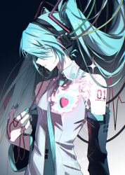  1girl arm_tattoo bare_shoulders black_background black_sleeves blue_fire blue_hair blue_nails blue_necktie breasts cable character_name collarbone collared_shirt covered_eyes detached_sleeves fingernails fire floating_hair gradient_background h_tora4 hair_ornament hair_over_eyes hatsune_miku headphones heart highres long_fingernails long_hair long_sleeves microphone nail_polish necktie number_tattoo shirt sleeveless sleeveless_shirt small_breasts solo tattoo teeth tie_clip twintails upper_body very_long_hair vocaloid white_background white_shirt wide_sleeves 