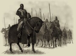  6+boys armor artist_request barding boots chainmail coif commentary english_commentary great_helm helmet holding holding_polearm holding_shield holding_unworn_helmet holding_weapon horse horseback_riding looking_at_viewer monochrome mount_&amp;_blade multiple_boys official_art polearm riding shield spear surcoat unworn_headwear unworn_helmet weapon 