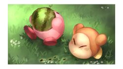  blush_stickers border closed_eyes colored_skin commentary_request eating food fruit grass kirby kirby_(series) no_humans orange_skin pink_skin shiburingaru spitting spitting_seed waddle_dee watermelon white_border 