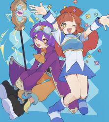 +_+ 2girls arle_nadja arm_warmers armor ascot black_boots black_shirt blue_background blue_boots blue_flower blue_skirt boots brown_eyes brown_hair cape chest_guard coat commentary_request electricity fang flower galatea_(puyopuyo) galatea_(sage_of_verity)_(puyopuyo) goggles goggles_on_head heart heart_in_mouth high_ponytail highres knees_together_feet_apart long_sleeves looking_at_viewer mage_staff medium_hair multiple_girls one_eye_closed open_clothes open_coat open_hands open_mouth orange_ascot orange_pants outstretched_arms pants pink_flower ponytail purple_coat purple_flower purple_hair puyopuyo puyopuyo_quest red_cape shirt short_hair short_sleeves shoulder_armor skirt sleeves_past_fingers sleeves_past_wrists smile staff urolo white_arm_warmers white_shirt yellow_eyes yellow_flower 