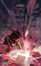  1girl absurdres black_dress black_gloves braid cake cake_slice champagne_flute chinese_commentary commentary_request commission cup double_bun dress drinking_glass fingerless_gloves flower food fork fruit gloves hair_bun hair_intakes hair_ornament halo highres holding holding_knife knife lace-trimmed_dress lace_trim lying mini_person minigirl on_plate on_stomach original orro out_of_frame pink_eyes pink_hair pink_halo pink_nails red_flower side_up_bun single_fingerless_glove solo strawberry stuffed_animal stuffed_toy table_knife twin_braids under-elbow_gloves watermark 