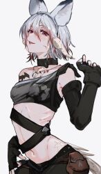  1girl animal_ear_hairband animal_ears au_ra choker crop_top dragon_girl dragon_horns dragon_tail elbow_gloves fake_animal_ears final_fantasy final_fantasy_xiv fingerless_gloves freckles gloves hair_between_eyes hairband horn_ornament horn_ring horns jewelry looking_at_viewer moth_ram multicolored_hair navel necklace open_mouth original pants red_eyes red_hair scales short_hair sidelocks simple_background solo tail tattoo two-tone_hair warrior_of_light_(ff14) white_hair white_horns white_scales white_tail 