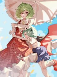  2girls :d antenna_hair ascot black_cape blue_shorts blue_sky cape closed_eyes closed_mouth clouds commentary falling_petals frills green_hair holding holding_umbrella hug kazami_yuuka long_sleeves looking_at_viewer medium_hair multiple_girls open_mouth petals plaid_clothes plaid_skirt plaid_vest red_cape red_eyes red_shoes red_skirt red_vest ryomochi serious shirt shoes short_sleeves shorts skirt sky smile socks touhou two-tone_cape umbrella vest wavy_hair white_shirt white_socks white_umbrella wriggle_nightbug yellow_ascot yellow_petals 