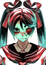  1girl black_hair black_sailor_collar brown_eyes ca_(deino) calne_ca_(deino) closed_mouth colored_sclera crustacean decaying_skin frilled_ribbon frills gomi_beya hair_between_eyes hair_ribbon heterochromia highres isopod jewelry long_eyelashes long_hair looking_at_viewer mismatched_sclera necklace red_eyes red_ribbon red_sclera ribbon saikin_osen_(vocaloid) sailor_collar school_uniform serafuku shirt simple_background single_blank_eye skull_necklace solo twintails very_long_hair white_background white_shirt 