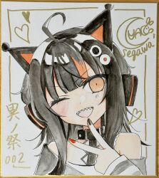  1girl :d ;d absurdres ahoge animal_ear_headphones animal_ears artist_name bare_shoulders belt_collar black_choker black_hair black_nails black_sweater cat_ear_headphones cat_ears choker collar commentary_request eyeball_hair_ornament fake_animal_ears furrowed_brow headphones highres long_sleeves looking_at_viewer mahou_shoujo_no_majo_saiban multicolored_hair nail_polish off-shoulder_sweater off_shoulder one_eye_closed open_mouth orange_eyes orange_nails orange_streaks portrait sawatari_coco segawa_luna sharp_teeth shikishi shirt short_hair signature simple_background sleeveless sleeveless_shirt smile solo streaked_hair striped_sleeves sweater teeth traditional_media upper_teeth_only v v-shaped_eyebrows white_background white_shirt 