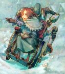  1girl blue_eyes book brown_hair dress gloves kome open_mouth pointing robot running snow wheelchair winter_clothes 