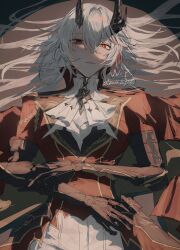  1girl absurdres aiguillette alpha:_inverse_crown_(nightshroud_coronet)_(pgr) alpha_(pgr) ascot black_horns gold_trim hair_between_eyes hair_spread_out highres horns jacket looking_at_viewer lying mechanical_arms mismatched_pupils multicolored_hair official_alternate_costume on_back parted_lips punishing:_gray_raven red_eyes shadow streaked_hair takamatu_hajime white_ascot 