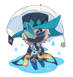  1boy aqua_boots asymmetrical_footwear aventurine_(boss)_(honkai:_star_rail) aventurine_(honkai:_star_rail) black_coat black_gloves black_hat black_pants blonde_hair blue_boots boots chibi chibi_only claw_ring coat commentary_request dice frilled_sleeves frills fur-trimmed_coat fur_trim gloves gold_trim hands_up hat highres holding holding_umbrella honkai:_star_rail honkai_(series) long_sleeves male_focus mask mismatched_footwear official_alternate_costume pants polyhedral_dice puddle short_hair simple_background sleeve_cuffs solo spade_(shape) standing sweet_love4s thigh_boots top_hat two-sided_coat two-sided_fabric umbrella water water_drop white_background white_umbrella 
