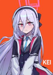  1girl absurdres black_hairband black_jacket blue_archive blue_necktie character_name collared_shirt commentary_request hair_between_eyes hairband halo highres jacket kei_(blue_archive) kei_(student)_(blue_archive) long_hair long_hair_between_eyes long_sleeves looking_at_viewer necktie orange_background red_eyes shirt sidelocks simple_background solo user_vwps3352 v-shaped_eyebrows very_long_hair white_hair white_jacket white_shirt 