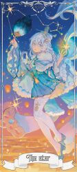  1girl absurdres blue_eyes blue_skirt chinese_clothes chinese_commentary commentary_request dress full_body hair_ornament hand_fan highres holding holding_fan honkai_(series) honkai_impact_3rd lantern skirt solo star_(sky) tarot the_star_(tarot) theresa_apocalypse white_dress white_hair yibanluguojuanjuanzi zhuge_kongming_(honkai_impact) 
